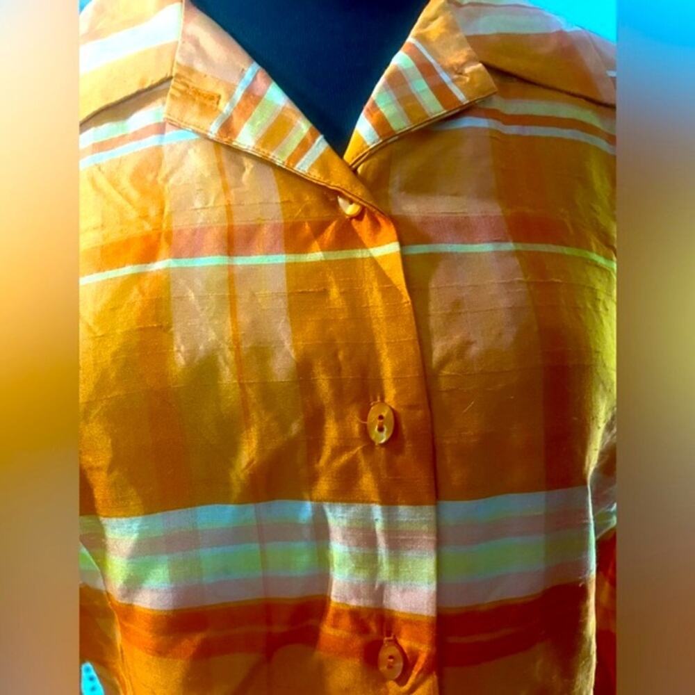 Vtg 90s Silk Orange Plaid Stripe Boxy Button Front Retro Preppy Colorful Blouse - Picture 6 of 7